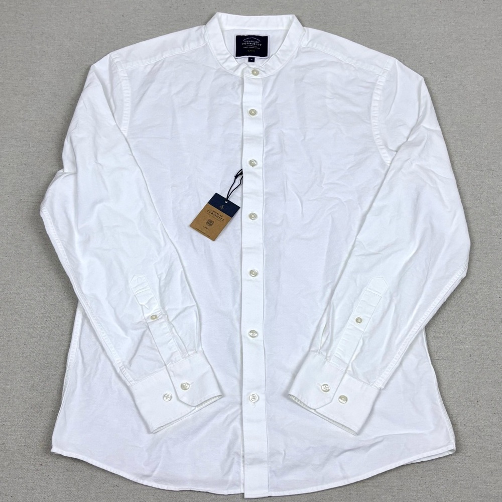 Charles Tyrwhitt Slim Fit White Linen Collarless Long Sleeve Button Up NWT